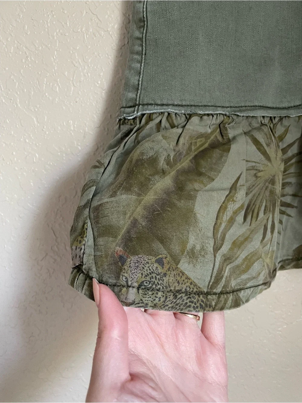 New Desigual Flounce Patchwork Denim Mini Skirt Size US 0/2 Tropical Print Green